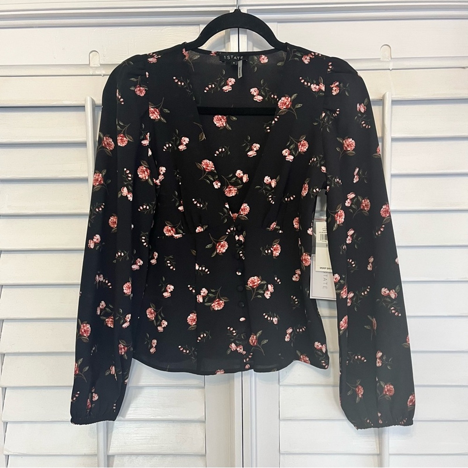 1. State Black Floral Button Detail Blouse Size 0